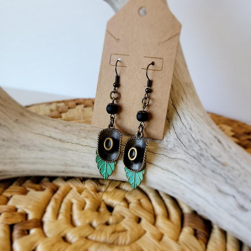 Handmade oxidized brass cowboy hat earrings